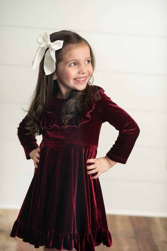 Kids Wine Velvet Ruffle Fancy Winter Christmas Holiday Dress - Adalynn Leanne