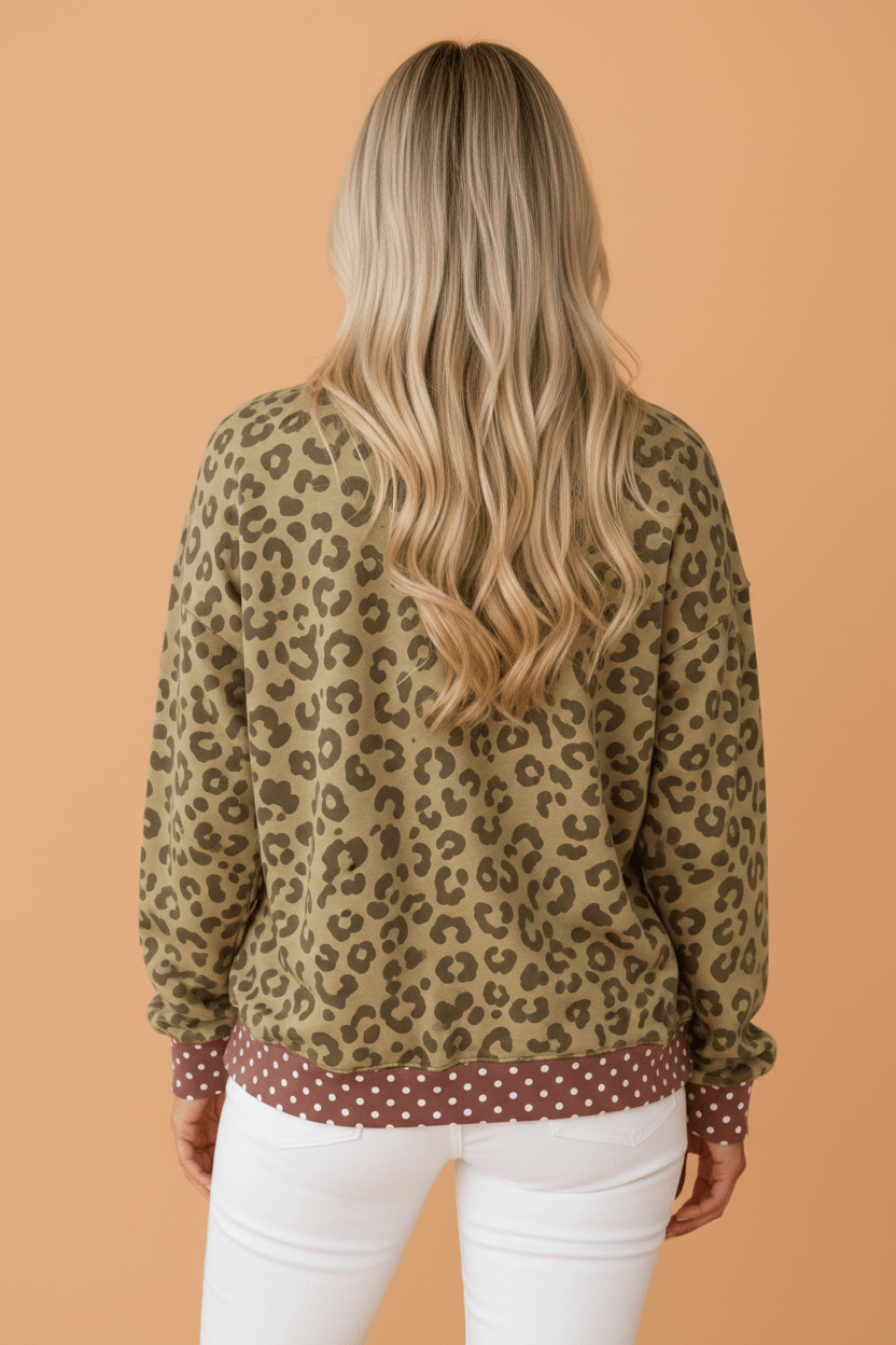 Leopard Polka Dot Colorblock Trim Long Sleeve Top - Adalynn Leanne