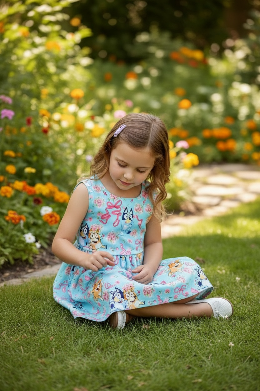 Lt. blue Multi - printed character dress with open back and bow. - Adalynn Leanne