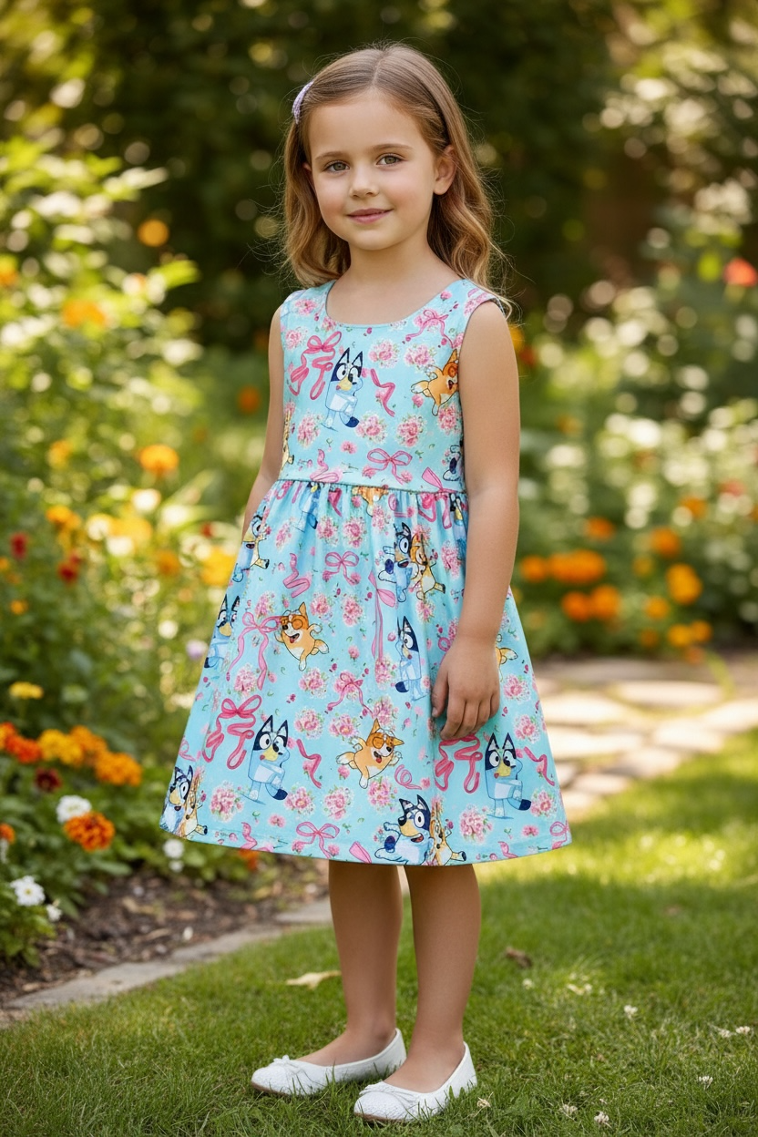 Lt. blue Multi - printed character dress with open back and bow. - Adalynn Leanne