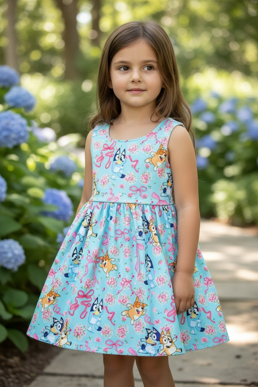 Lt. blue Multi - printed character dress with open back and bow. - Adalynn Leanne