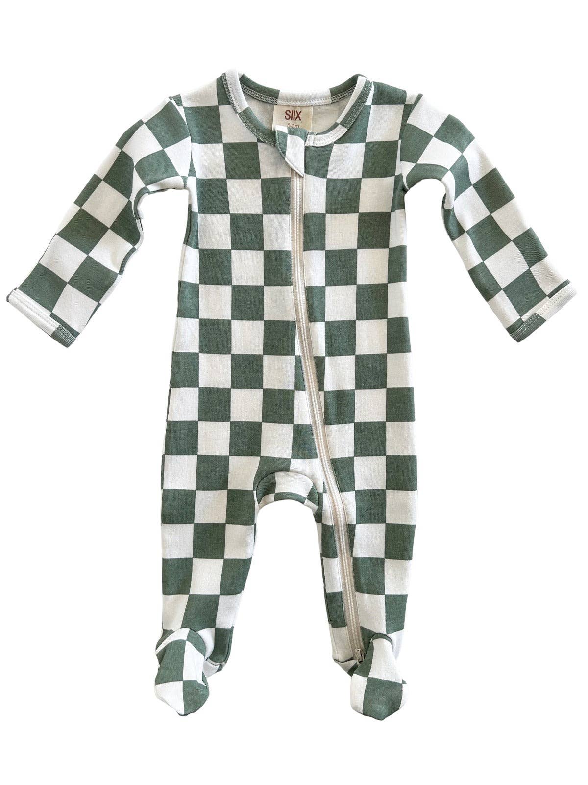 Matcha Milkshake Checkerboard / Organic Zip Footie (Baby) - Adalynn Leanne
