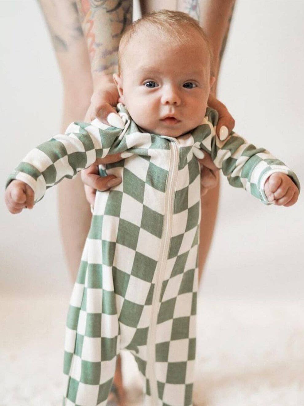 Matcha Milkshake Checkerboard / Organic Zip Footie (Baby) - Adalynn Leanne