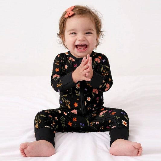 Midnight Wildflower Floral Fantasy Baby Bamboo Zipper Romper Pajamas - Adalynn Leanne
