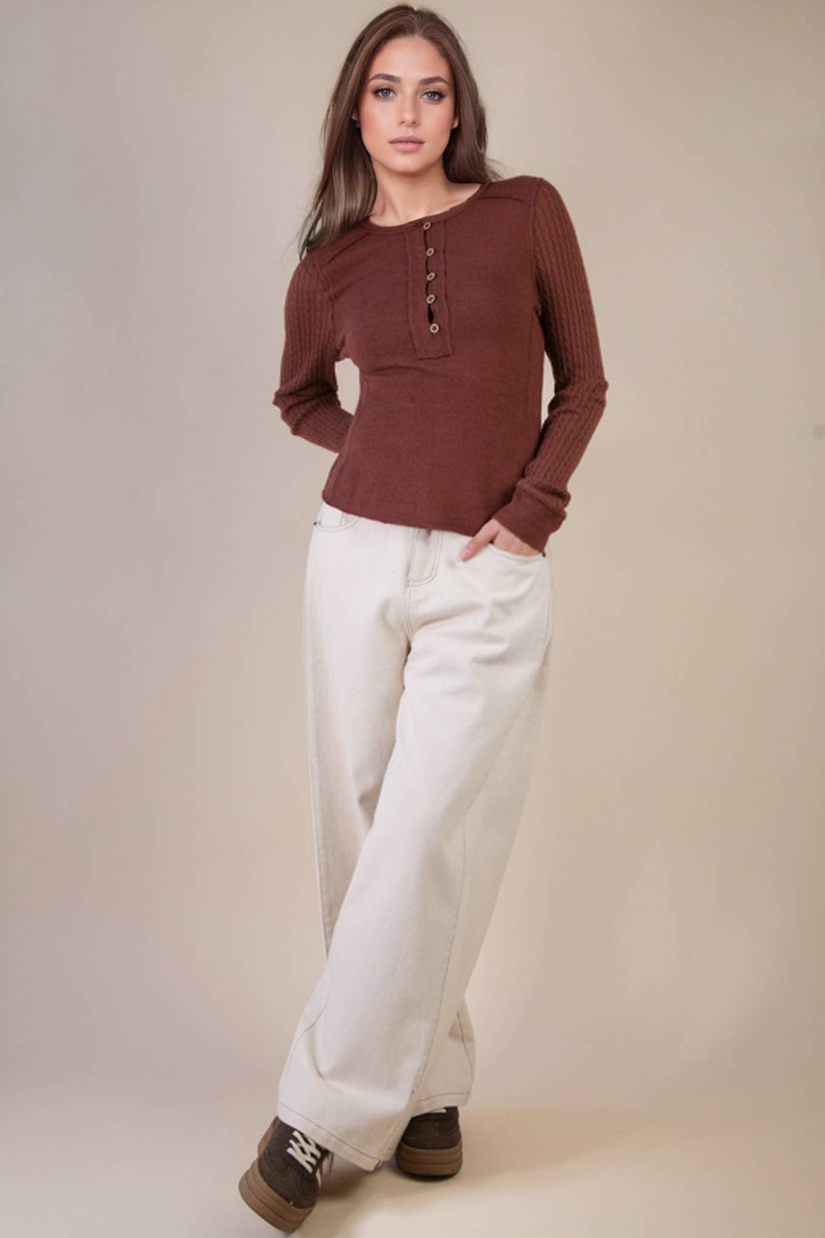 NT12287-Cable Knit Sleeve Detail Fitted Casual Top - Adalynn Leanne