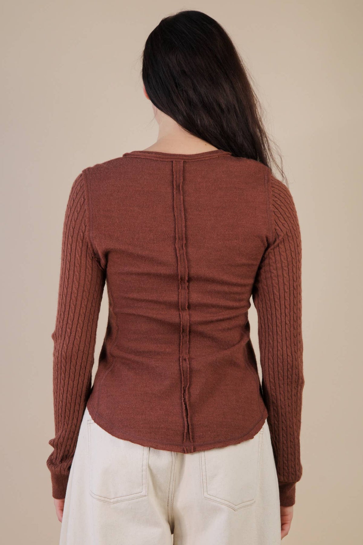 NT12287-Cable Knit Sleeve Detail Fitted Casual Top - Adalynn Leanne
