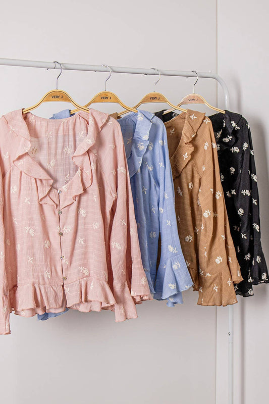 NT12596-Floral Embroidery Ruffled Blouse Top - Adalynn Leanne