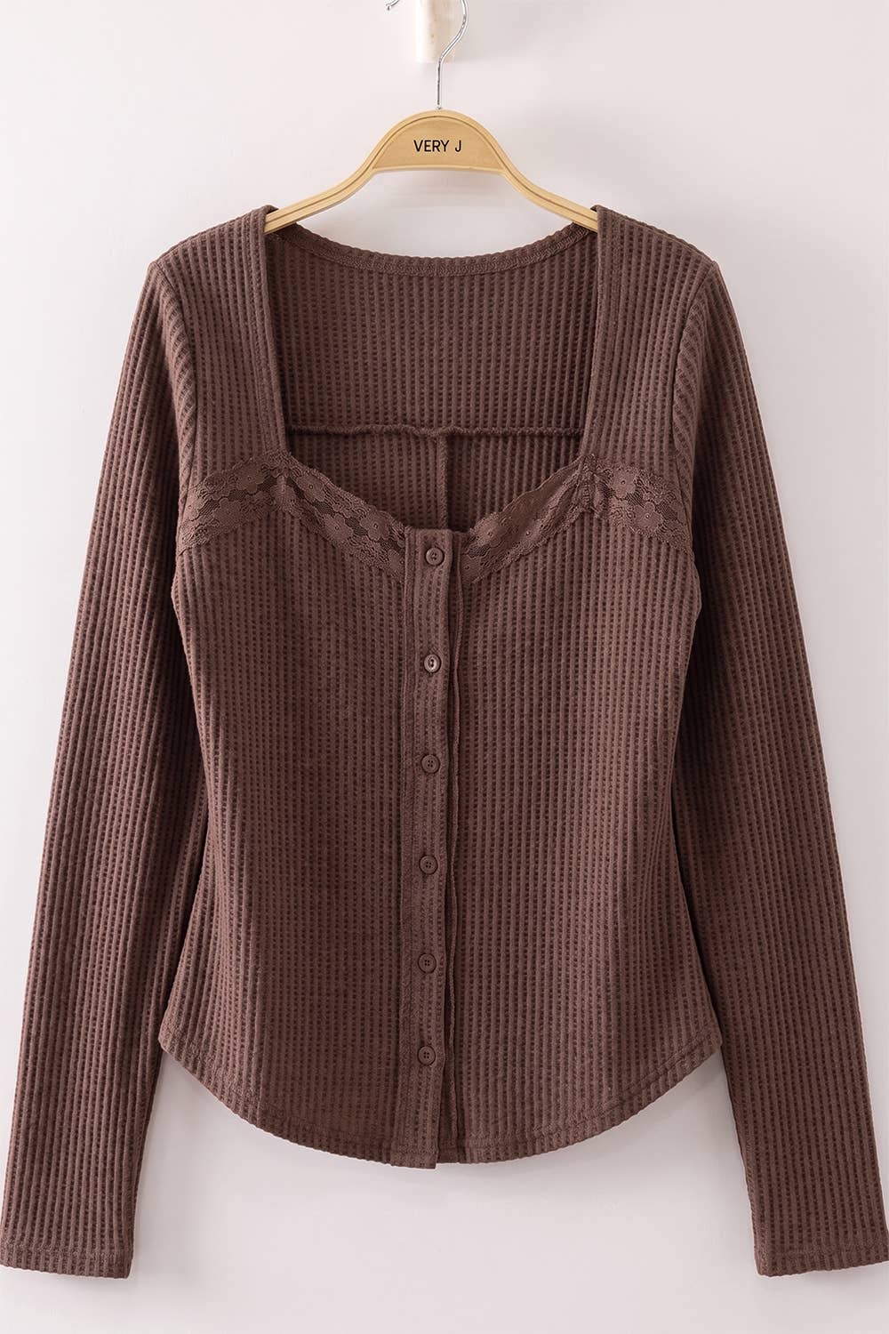 NT12719-Lace Trim Button Front Waffle Top - Adalynn Leanne