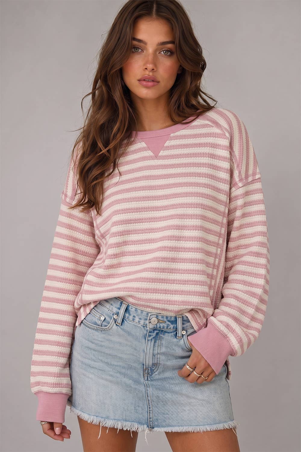 NT12742-Stripe Waffle Top - Adalynn Leanne