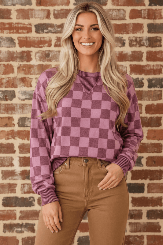 OMG! Checker Corded Knit Trim Long Sleeve Top - Adalynn Leanne