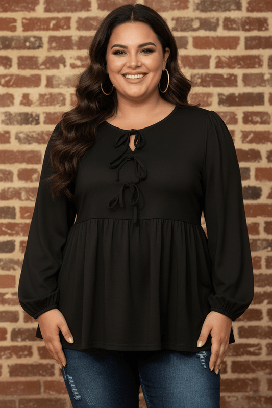 OMG! Plus Size Solid Bow Tie Front Long Sleeve Blouse - Adalynn Leanne