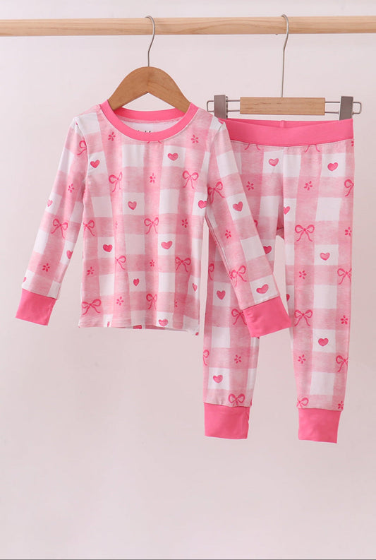 Valentine-themed Pink Bow Two Piece Pajamas in Bamboo Fabric - Adalynn Leanne