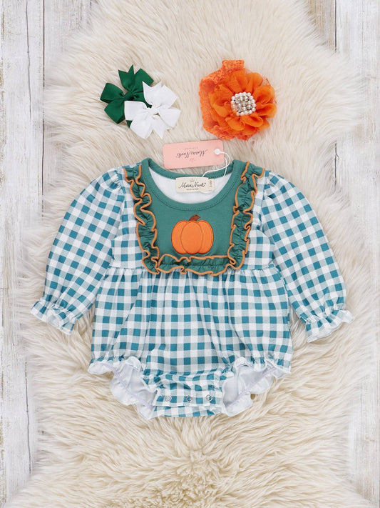 Pumpkin Patch Pines Embroidered Plaid Bubble - Adalynn Leanne