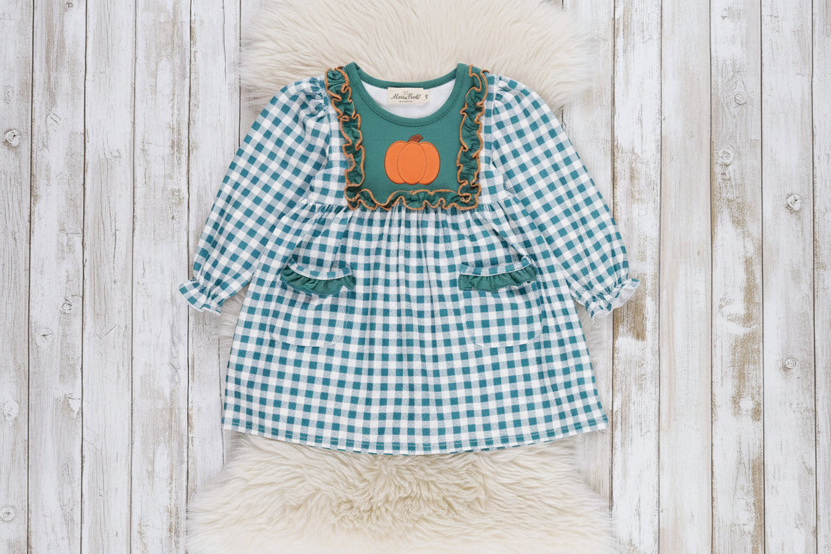 Pumpkin Patch Pines Embroidered Plaid Dress - Adalynn Leanne