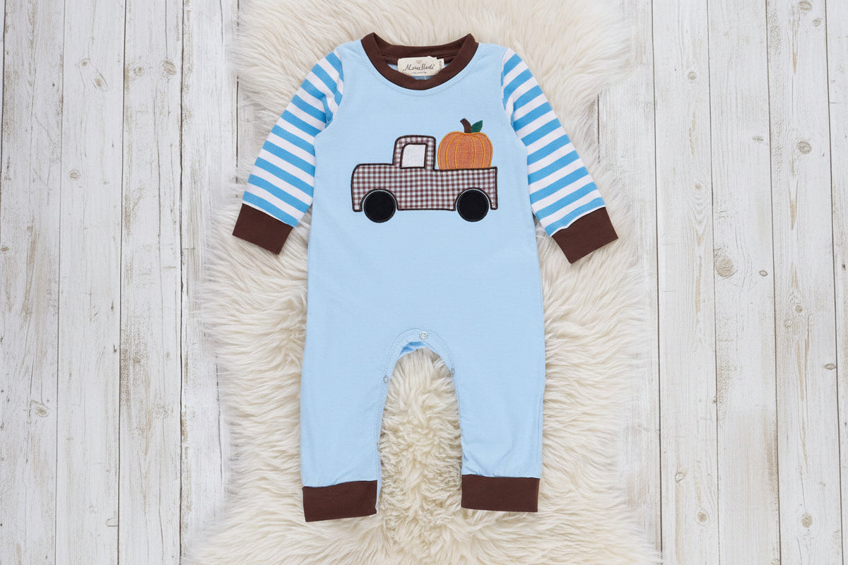 Pumpkin Pick Up Embroidered Striped Romper - Adalynn Leanne