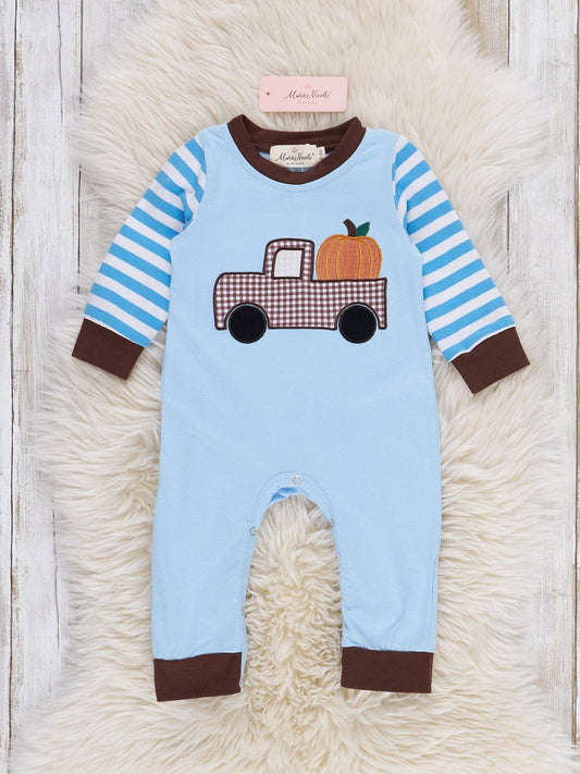 Pumpkin Pick Up Embroidered Striped Romper - Adalynn Leanne