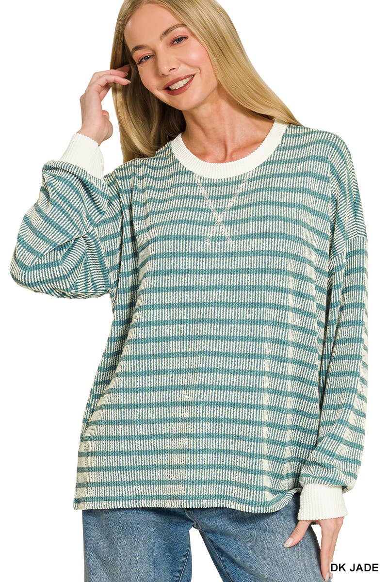 Raised Rib Striped Round Neck Pullover - Adalynn Leanne