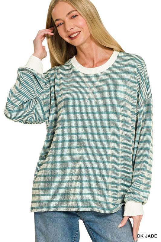 Raised Rib Striped Round Neck Pullover - Adalynn Leanne
