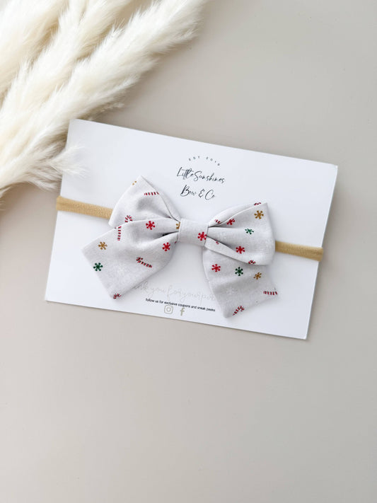 Red & Gold Snowflakes Christmas Pinwheel Hair Bow, Nylon Headband - Adalynn Leanne