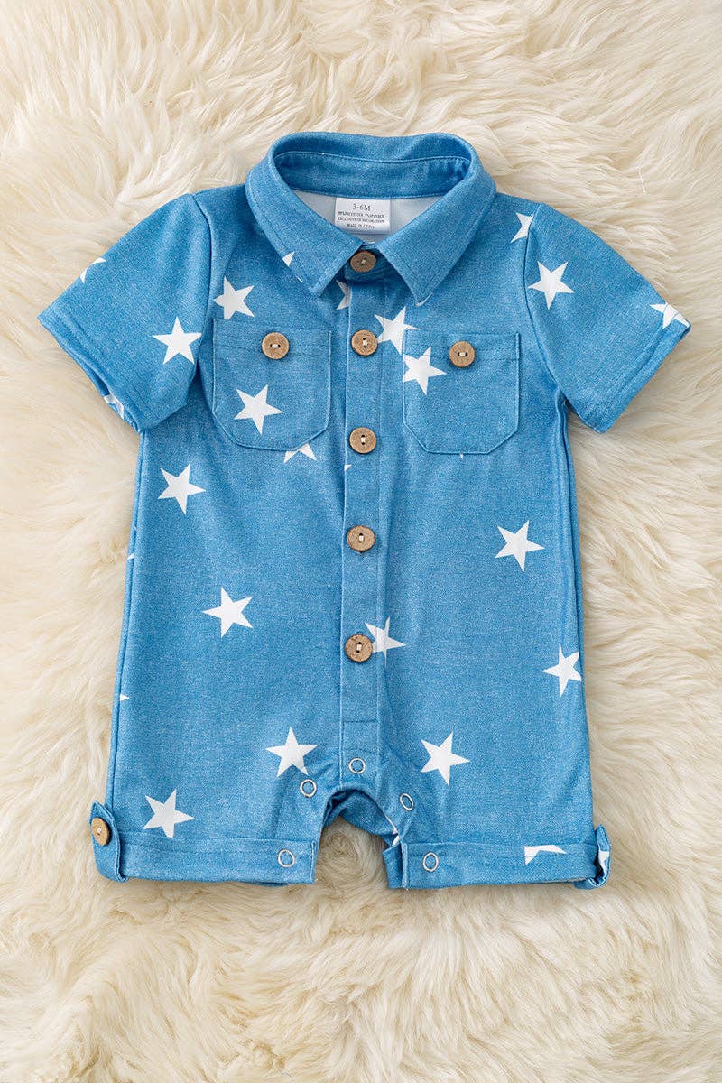 Star printed boys baby romper with snaps. - Adalynn Leanne