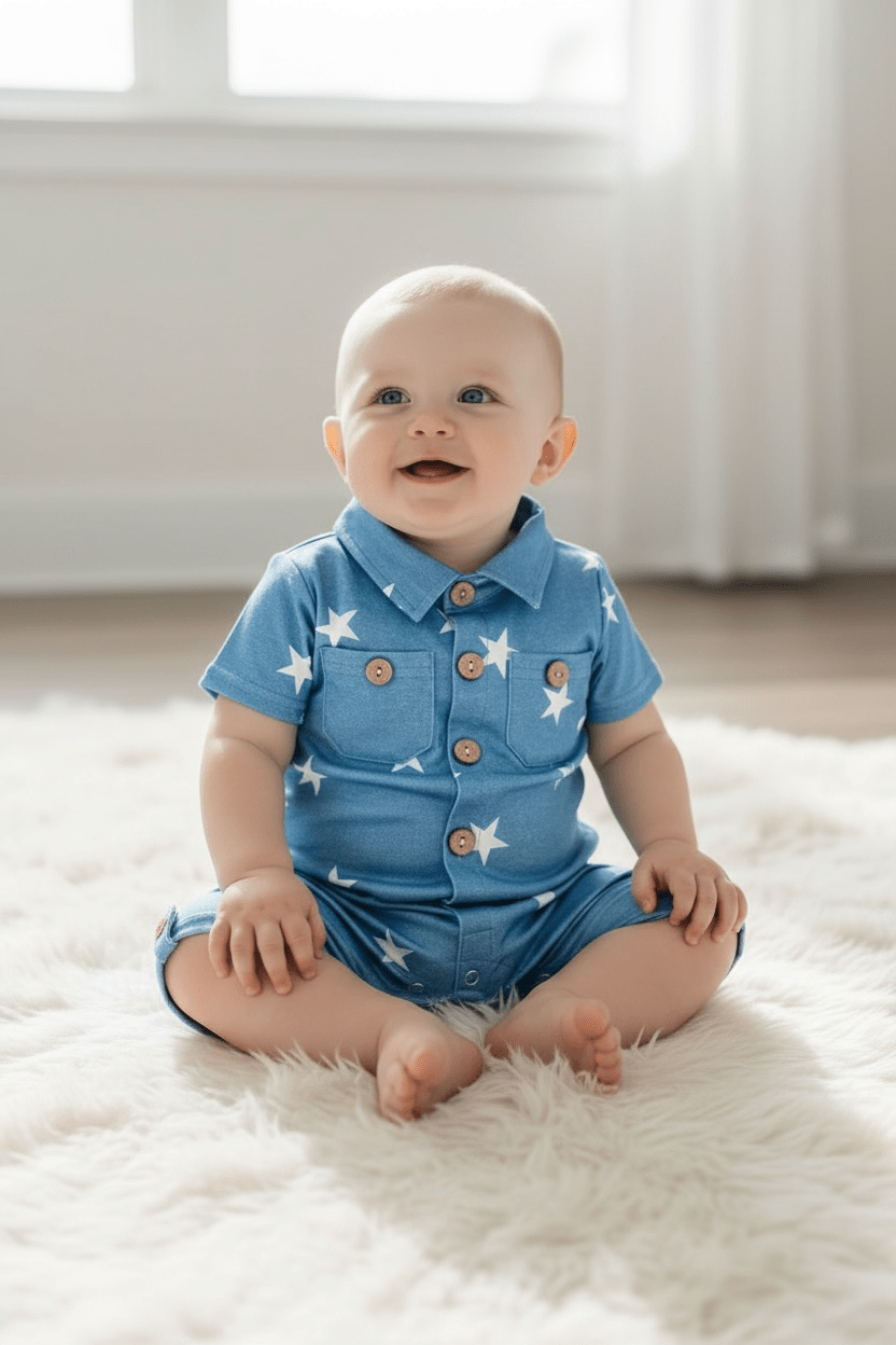 Star printed boys baby romper with snaps. - Adalynn Leanne