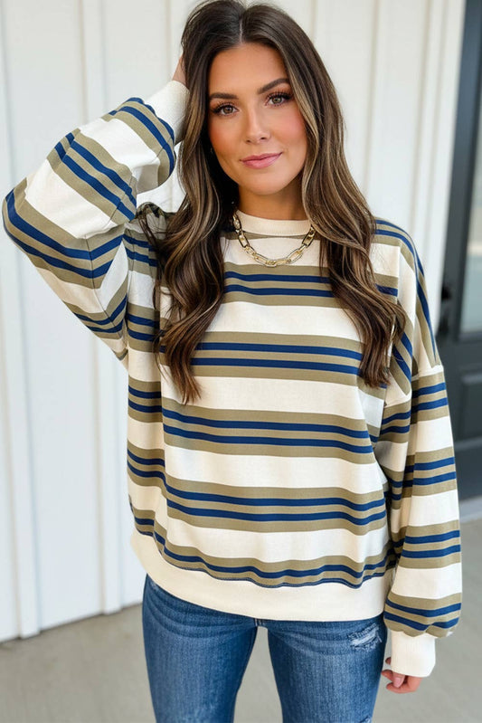 Stripe Crew Neck Drop Shoulder Pullover Top - Adalynn Leanne