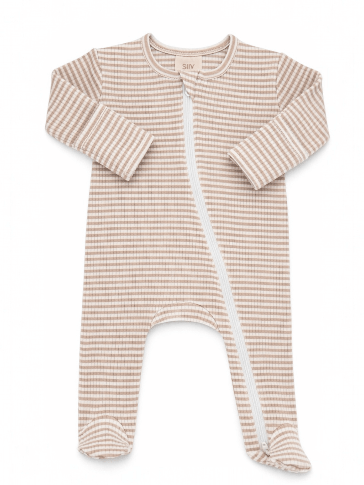 Tan Stripe / Ribbed 2-Way Zip Footie - Adalynn Leanne