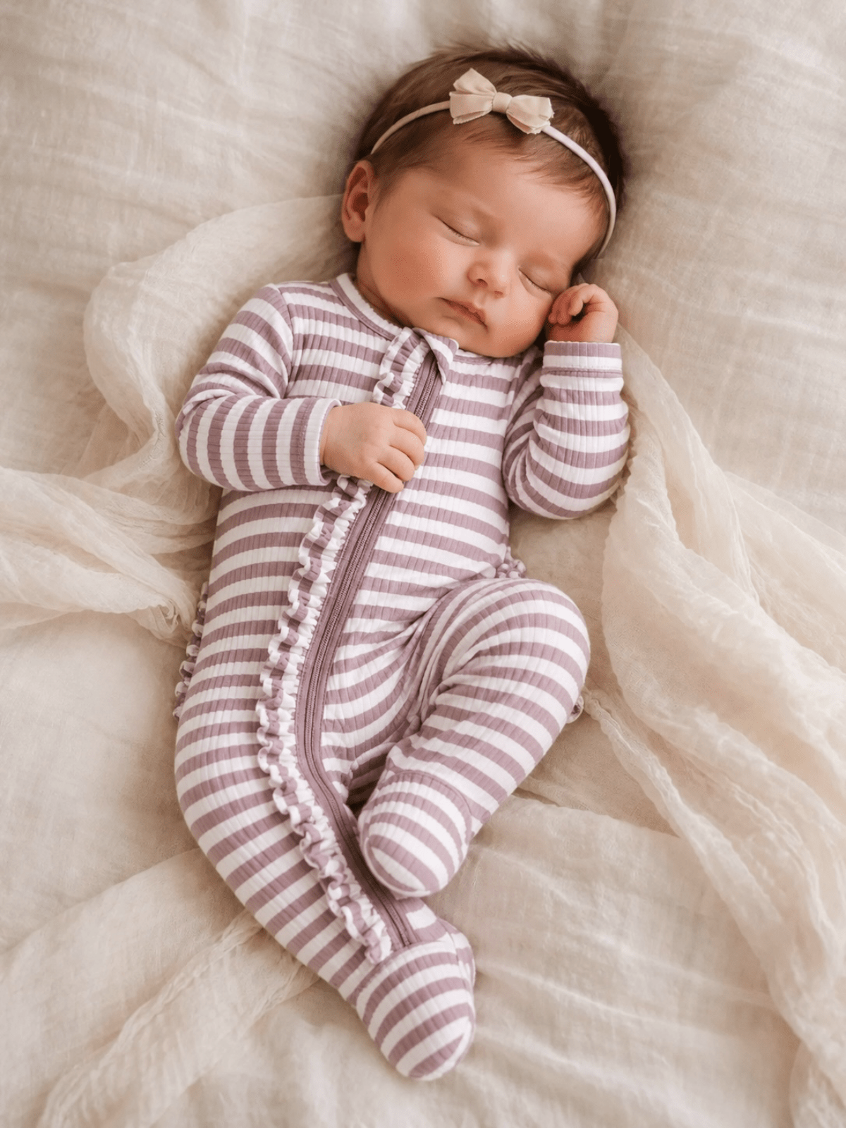 Violet Stripe / Ribbed Frill 2-Way Zip Footie - Adalynn Leanne