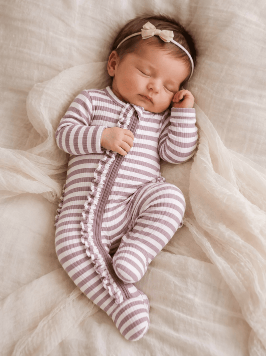 Violet Stripe / Ribbed Frill 2-Way Zip Footie - Adalynn Leanne